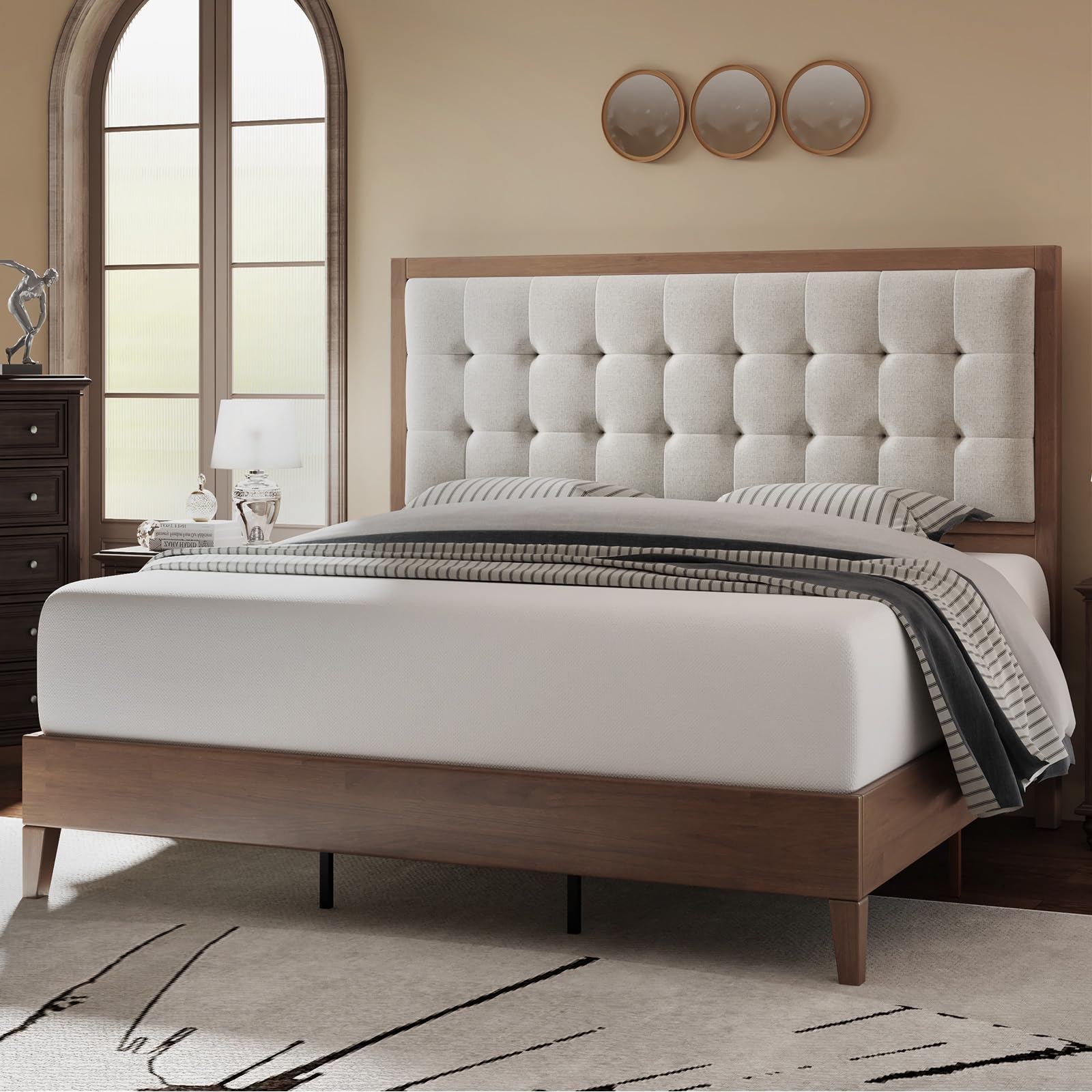 King Size Wood Bed Frame with Tall Tufted Headboard - Walnut