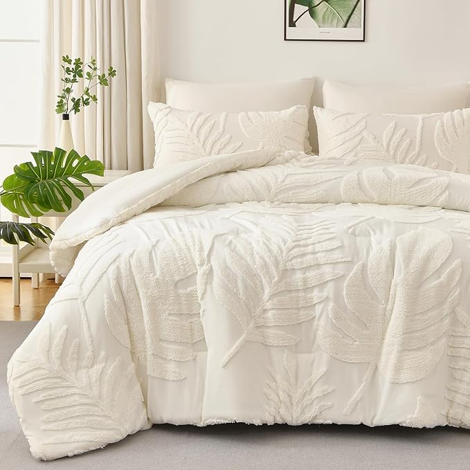 Floral Tufted Lightweight Bedding Comforter Set,Soft Botanical Palm Leaf Pattern Bed Set