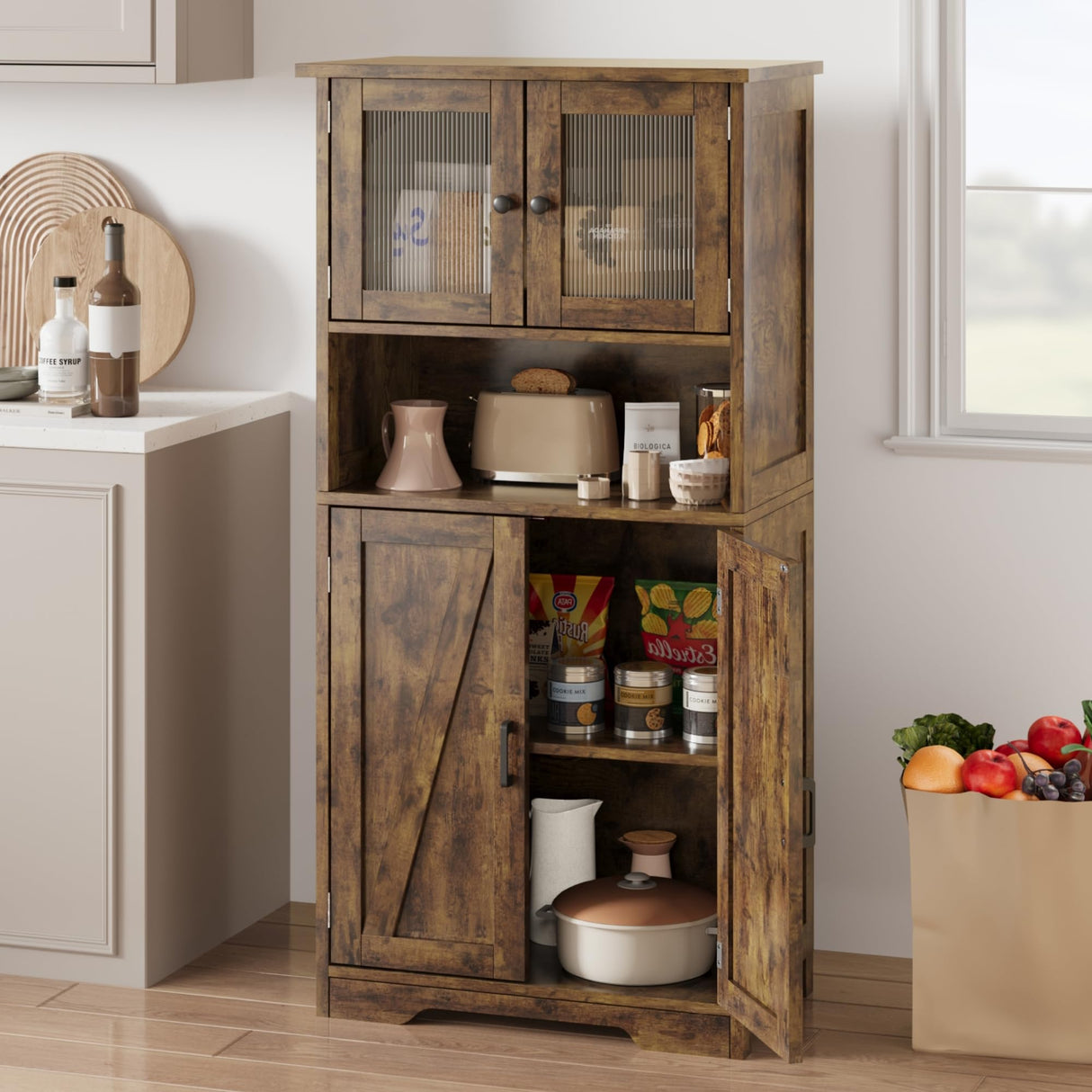 Bathroom Storage Cabinet, Freestanding Floor Linen Storage Cabinet with Doors