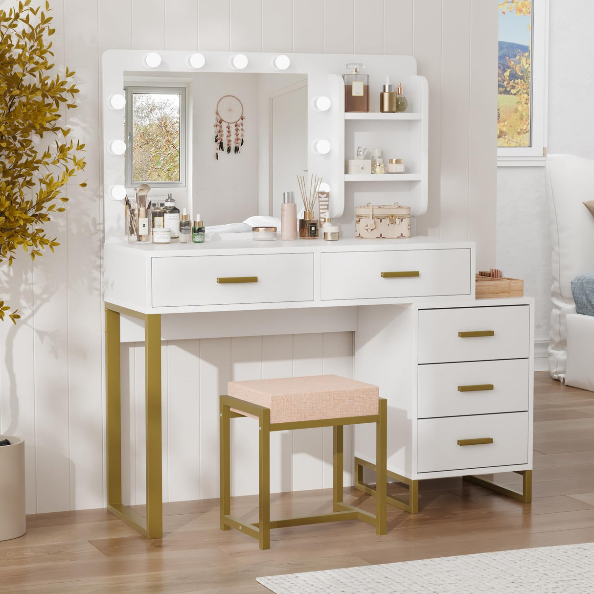 Desk with Mirror and 10 LED Lights, White Makeup Vanity with 5 Drawers, 3 Lighting Modes Makeup Desk, Madeup Table for Bedroom