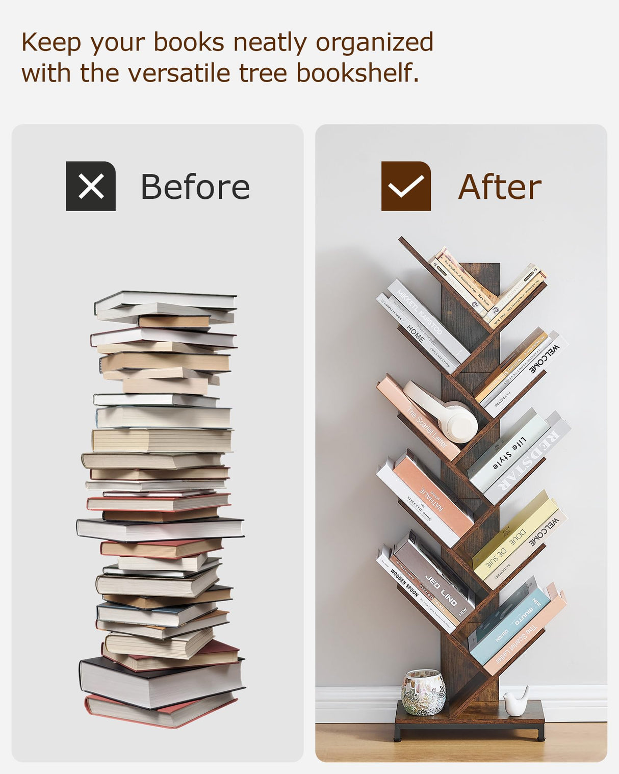 10 Shelf Tree Bookshelf, Floor Standing Wood Bookshelf for Books/Magazine/CDs/Movies, Modern Storage Rack Tree Bookcase, Utility Organizer Shelves for Narrow Space Home Office, Rustic Brown