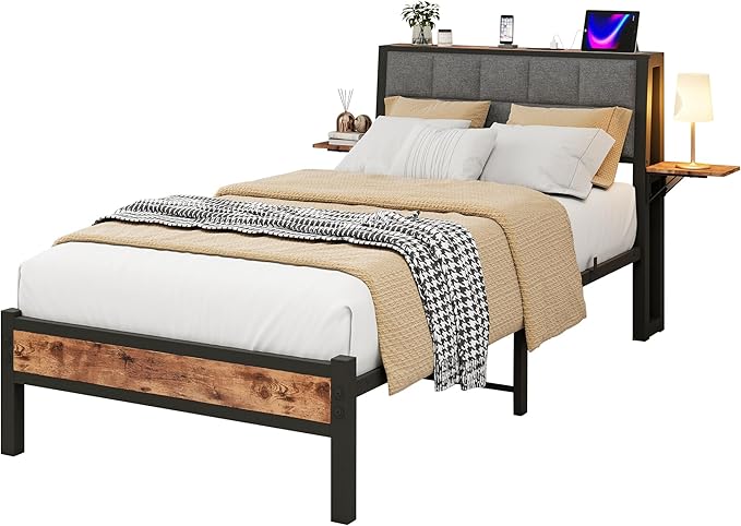 Ergonomic Upholstered Headboard and Charging Station, Platform Bed Frame with Storage