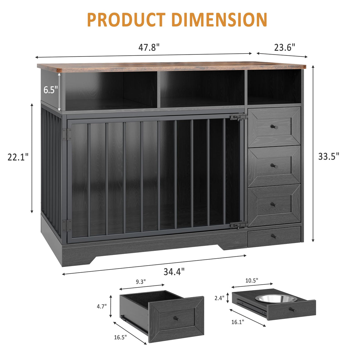 48" Farmhouse Dog Crate Furniture with Storage Drawers