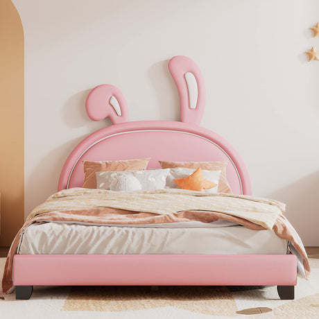 Full Size Upholstered Leather Platform Bed with Bunny Ears Headboard