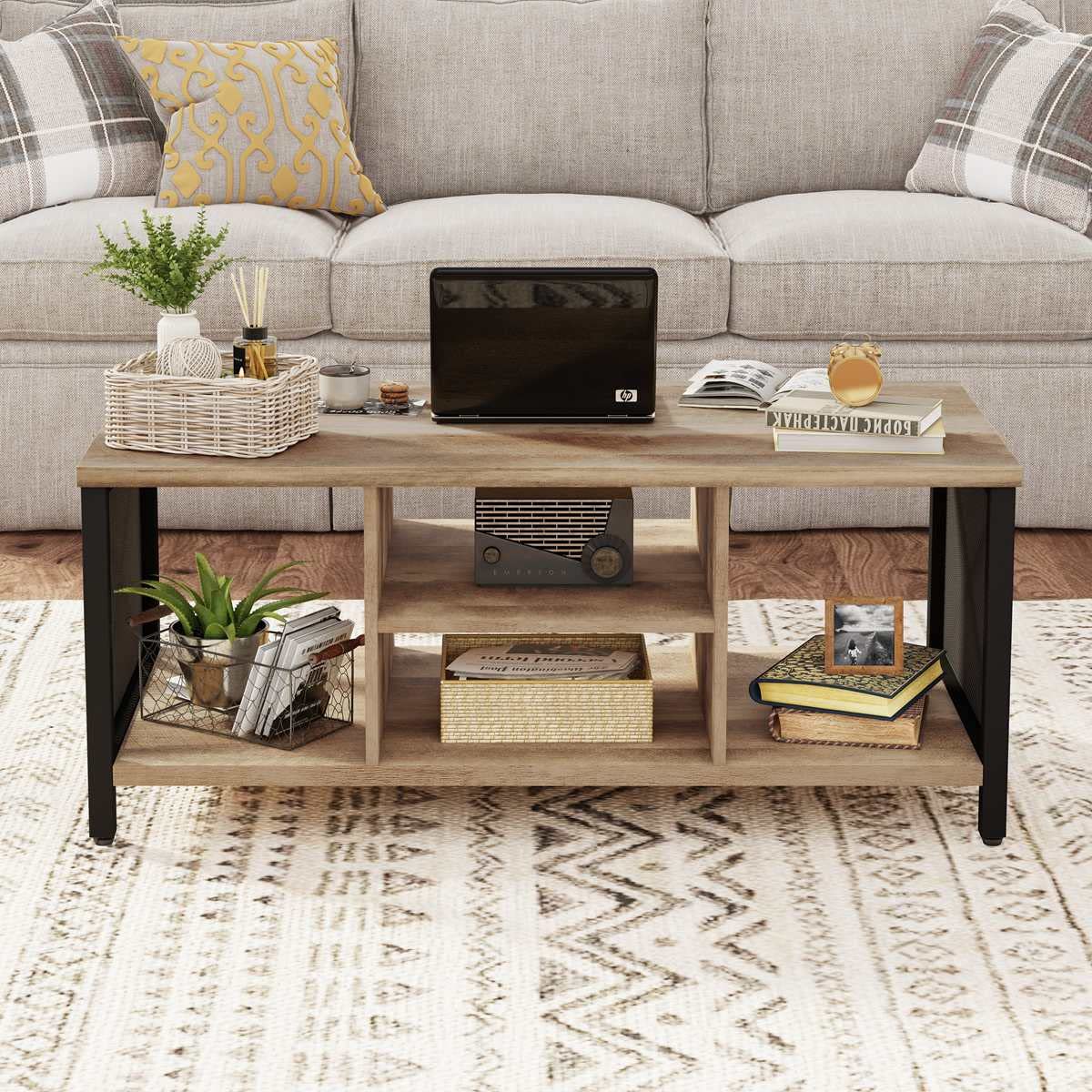 Coffee Table for Living Room, Rustic Wood Center Table with Shelves