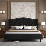 Queen Bed Frame with Upholstered Velvet Headboard - Black