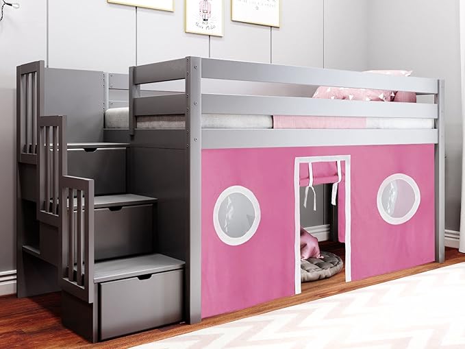 Low Loft Twin Bed with Stairway & Tent – Kids Wooden Bunk Bed (Gray, Pink & White)