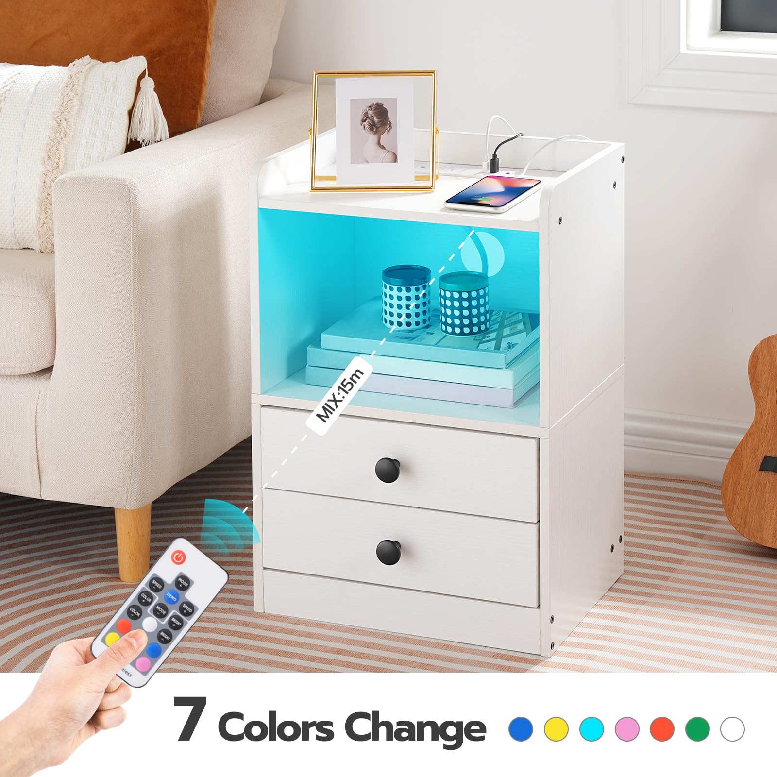 Nightstand with Charging Station, Modern Night Stand with LED Lights