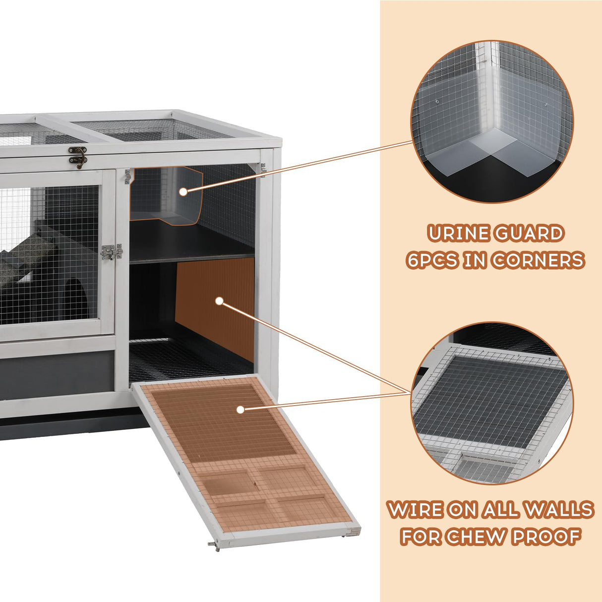 Rabbit Hutch Indoor with Urine Guards/Netting Floor, Rabbit Cage