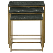 Benjara Agi 3 Piece Nesting Side Table Set, Square Marble, Metal Frame, Green and Gold