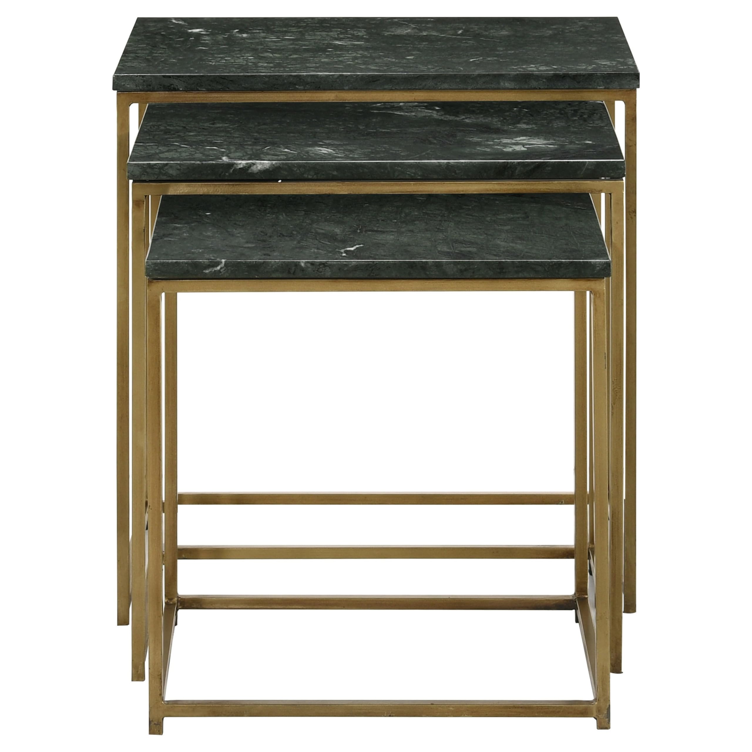 Benjara Agi 3 Piece Nesting Side Table Set, Square Marble, Metal Frame, Green and Gold