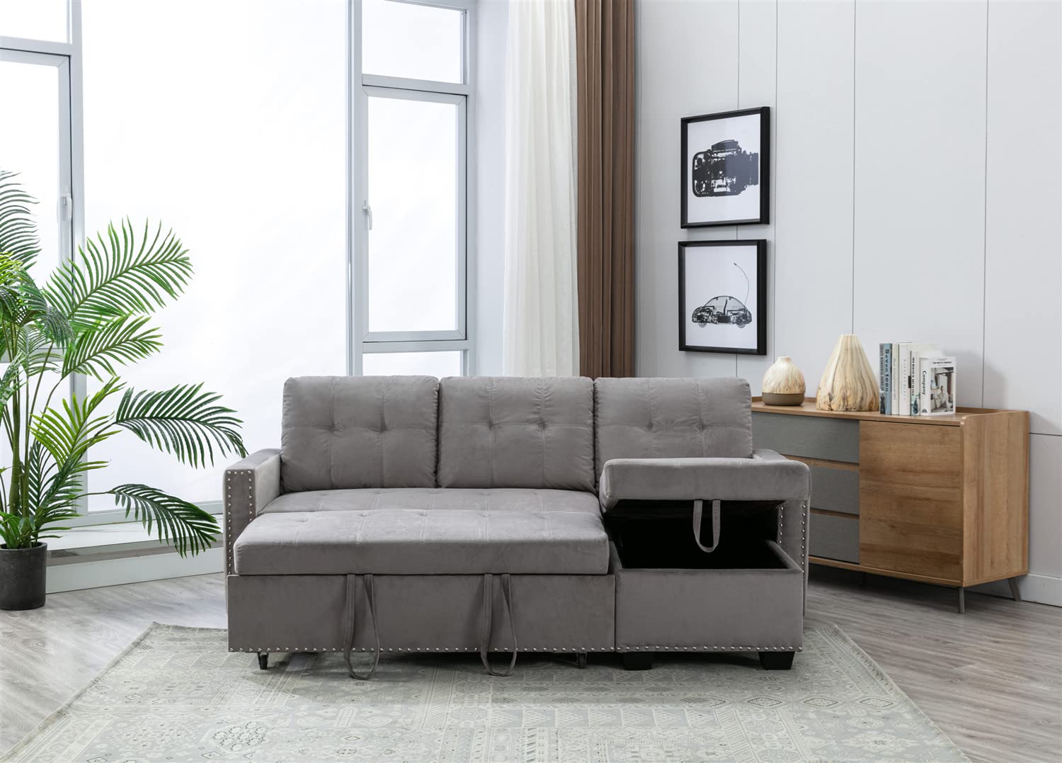 76.8'' Pull Out Sleeper Reversible Sectional Storage Sofa Bed, Convertible Velvet Corner Sofa Bed and Reversible
