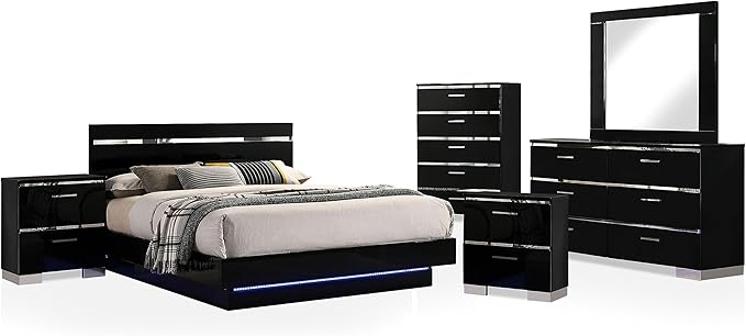 Alexandria Glam Wood 5-Piece Bedroom Set with Embedded LED Light, USB Charger