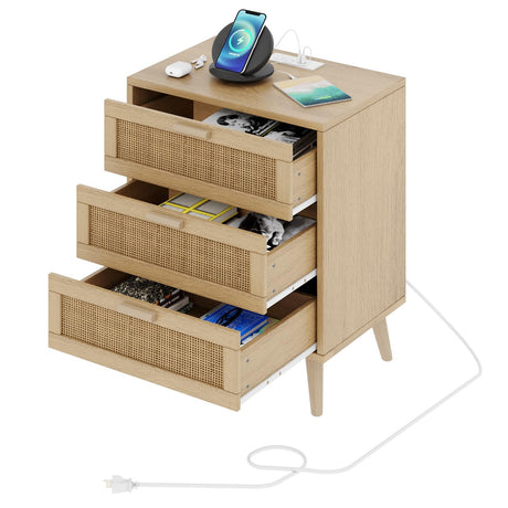 Rattan Nightstand with Charging Station, Night Stand with Rattan Decorated Drawers