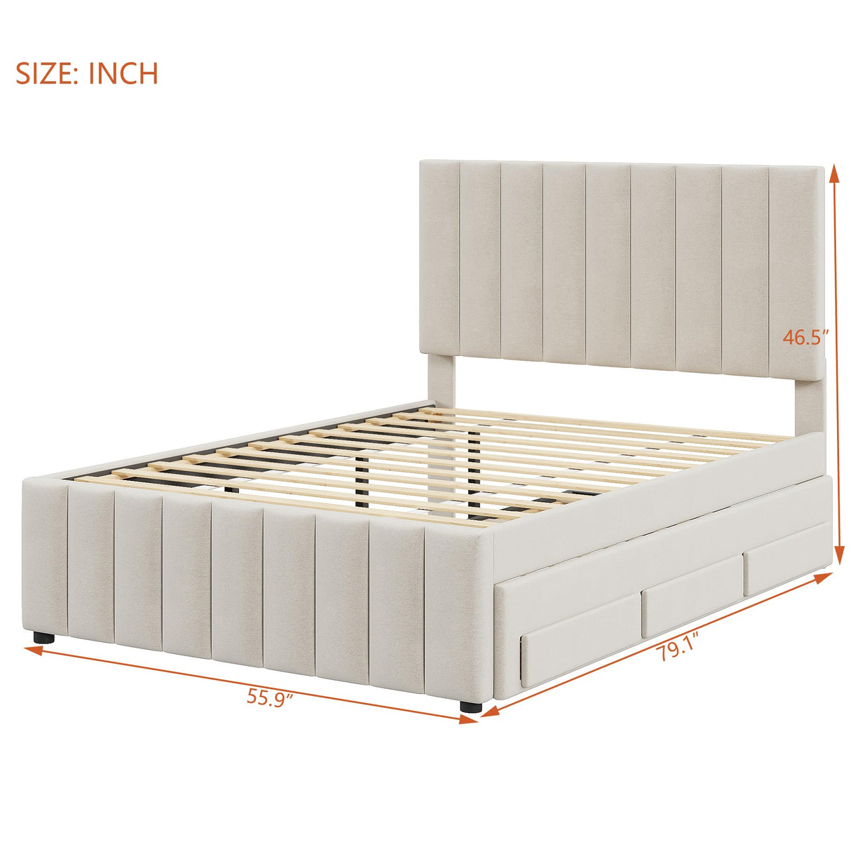 Bed Frame Full Size Linen Fabric Platform Bed Frame with Trundle and 3 Drawers, No