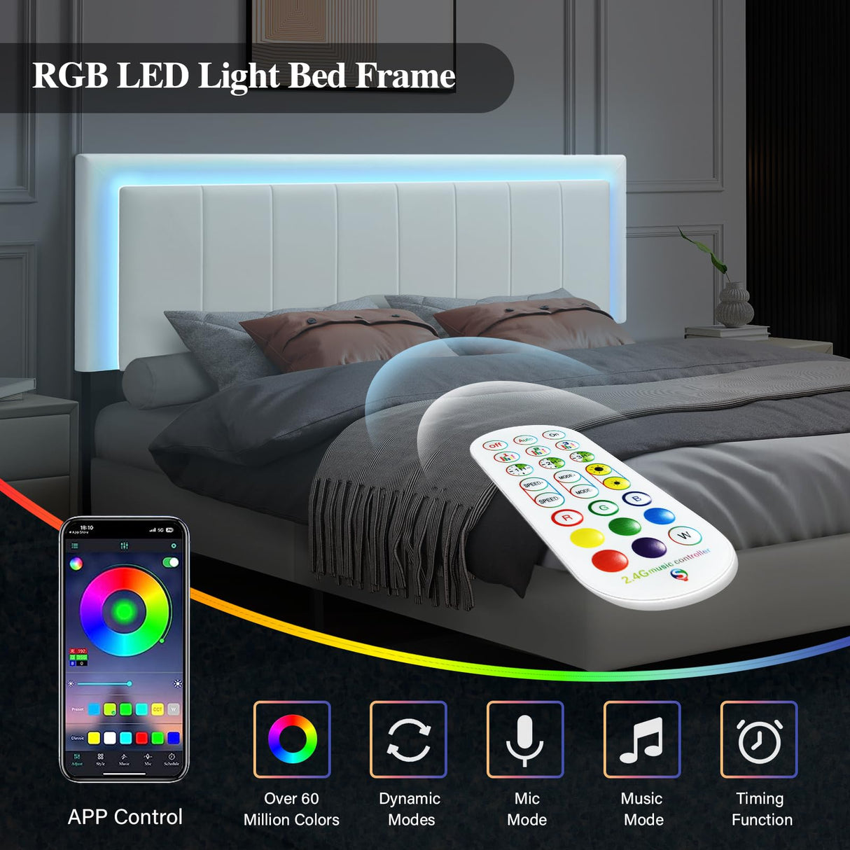 Queen Size Bed Frame with LED Lights, Upholstered Bed Frame Queen with Faux Leather