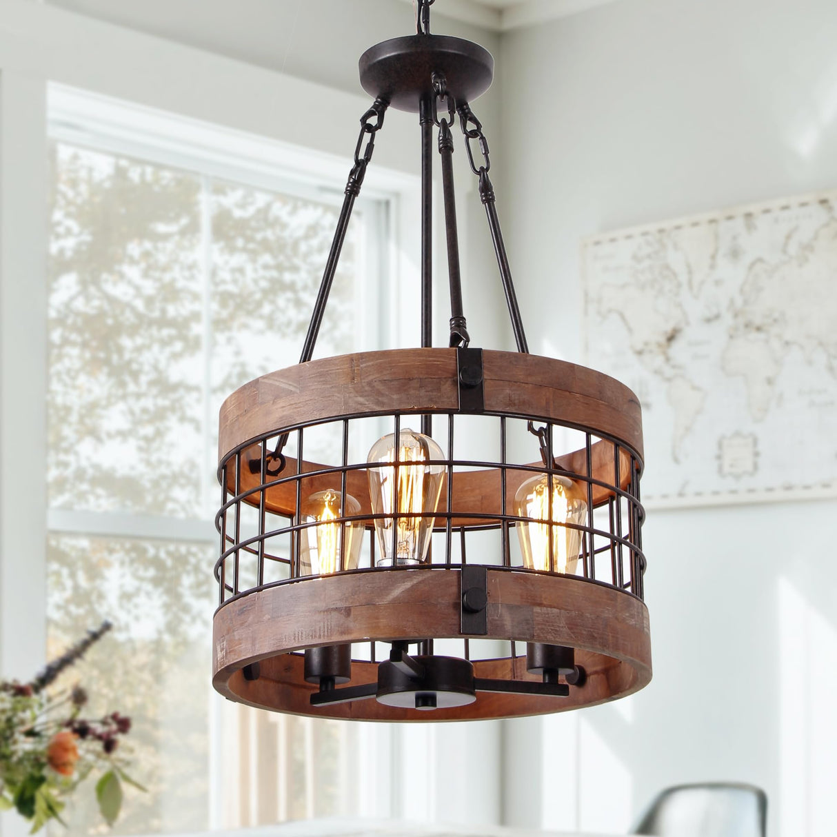 Round Wooden Chandelier Metal Pendant Three Lights Decorative Lighting Fixture Retro