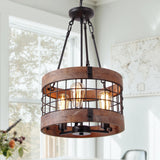 Round Wooden Chandelier Metal Pendant Three Lights Decorative Lighting Fixture Retro