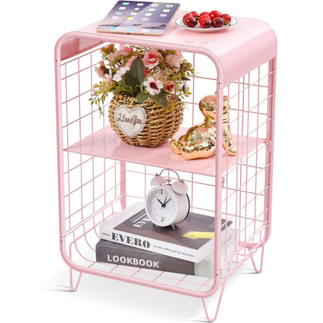 Cute Pink Nightstand,Metal Side Table,3 Tier End Table with Storage,Vintage Bedside Table,Girls