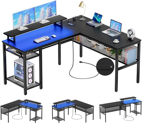 Reversible L Shaped Desk with Power Outlets and Smart LED Light, 55 Inch Computer Office Desk