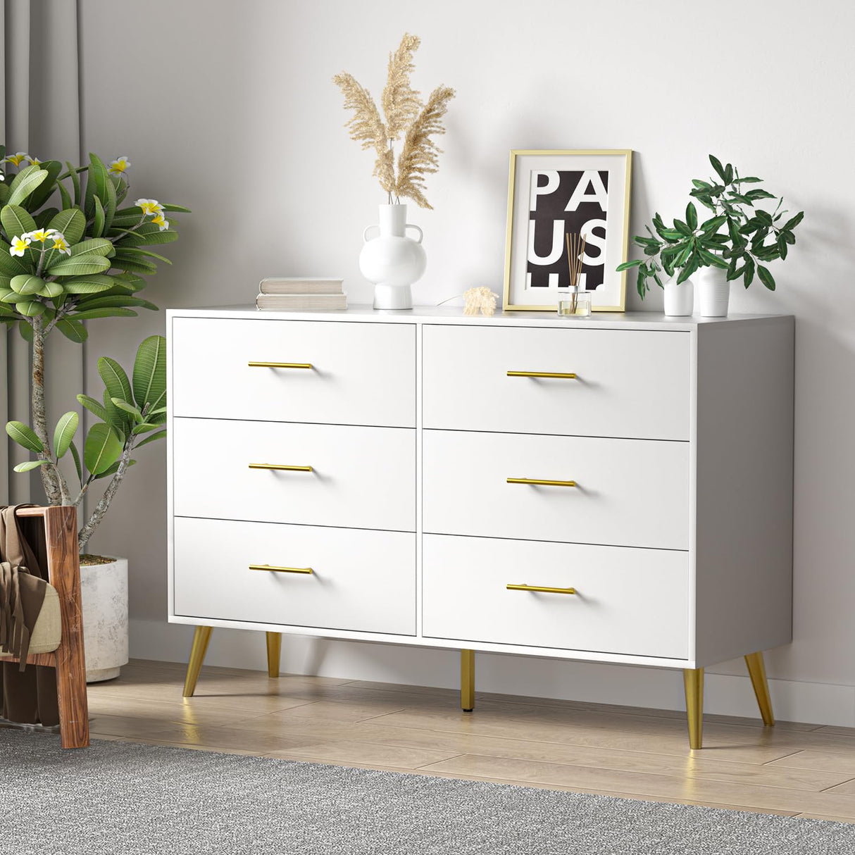 FURNIWAY White Dresser for Bedroom, 6 Drawer Dresser with Wide Drawer and Metal Handles, Wood Dressers & Chests of Drawers