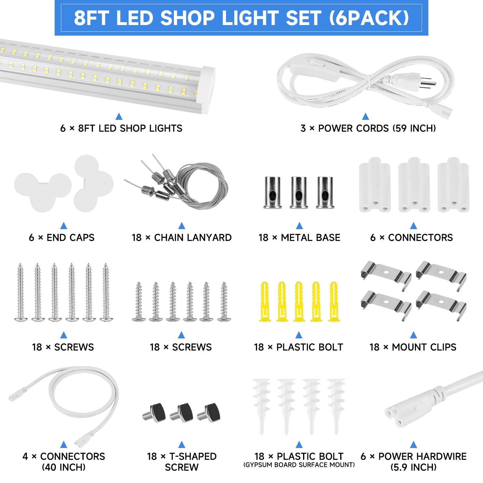 8FT U-Shape LED Ceiling Light - 125W 20000LM 6500K Bright White (6-Pack)