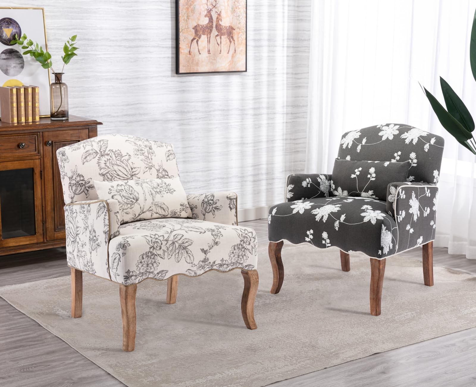 Mid Century Accent Chairs Modern Floral Armchair Upholstered Reading Chair Linen