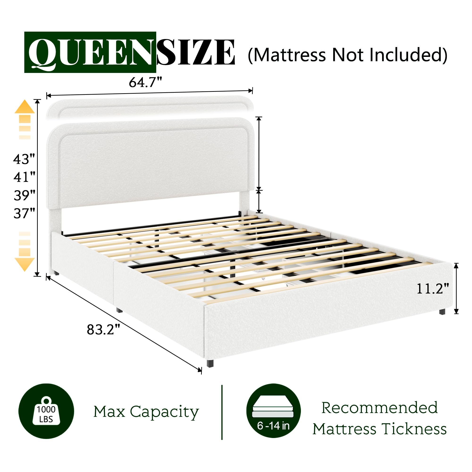 Queen Size Upholstered Bed Frame, Platform Bed with Patented 4 Drawers Storage and Headboard,