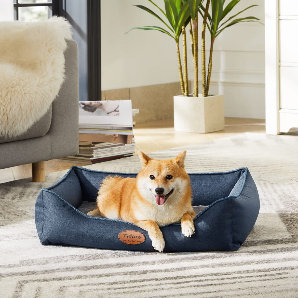 Tidore Orthopedic Dog Beds for Medium Large Dogs, Durable Egg Crate Foam Sofa Dog Bed wit Washable Removable Cover,Waterproof Lining and Nonskid Bottom,Pet Bed for Large Dogs (Navy Blue, Medium)