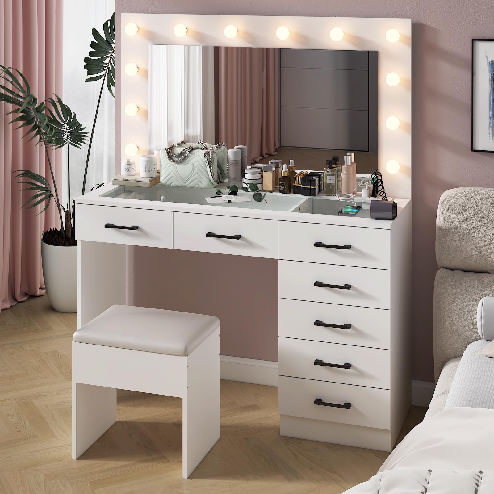 Desk with Large Lighted Mirror & Powre Outlet, Glass Tabletop Makeup Vanity Set with 7 Drawers, 45.3" Vanity Table with 3 Color Lighting Modes, Dressing Table for Women Girls, White