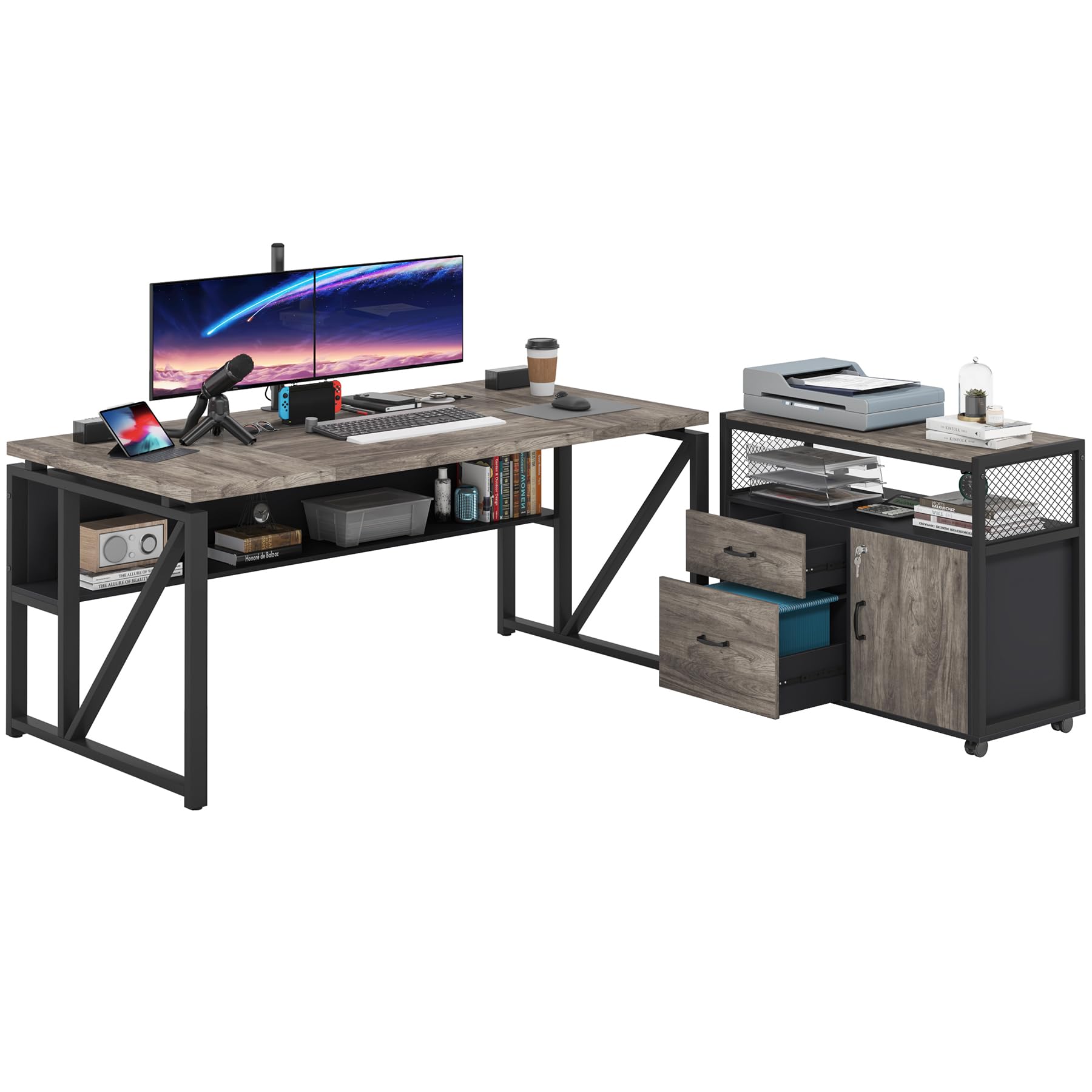 L Shaped Desk with Drawer Cabinet, 63" Executive Computer Desk and lateral File Cabinet