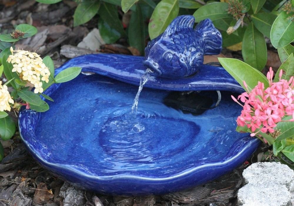 21372R01 Ceramic Solar Koi Fountain, Blue Glazed Finish