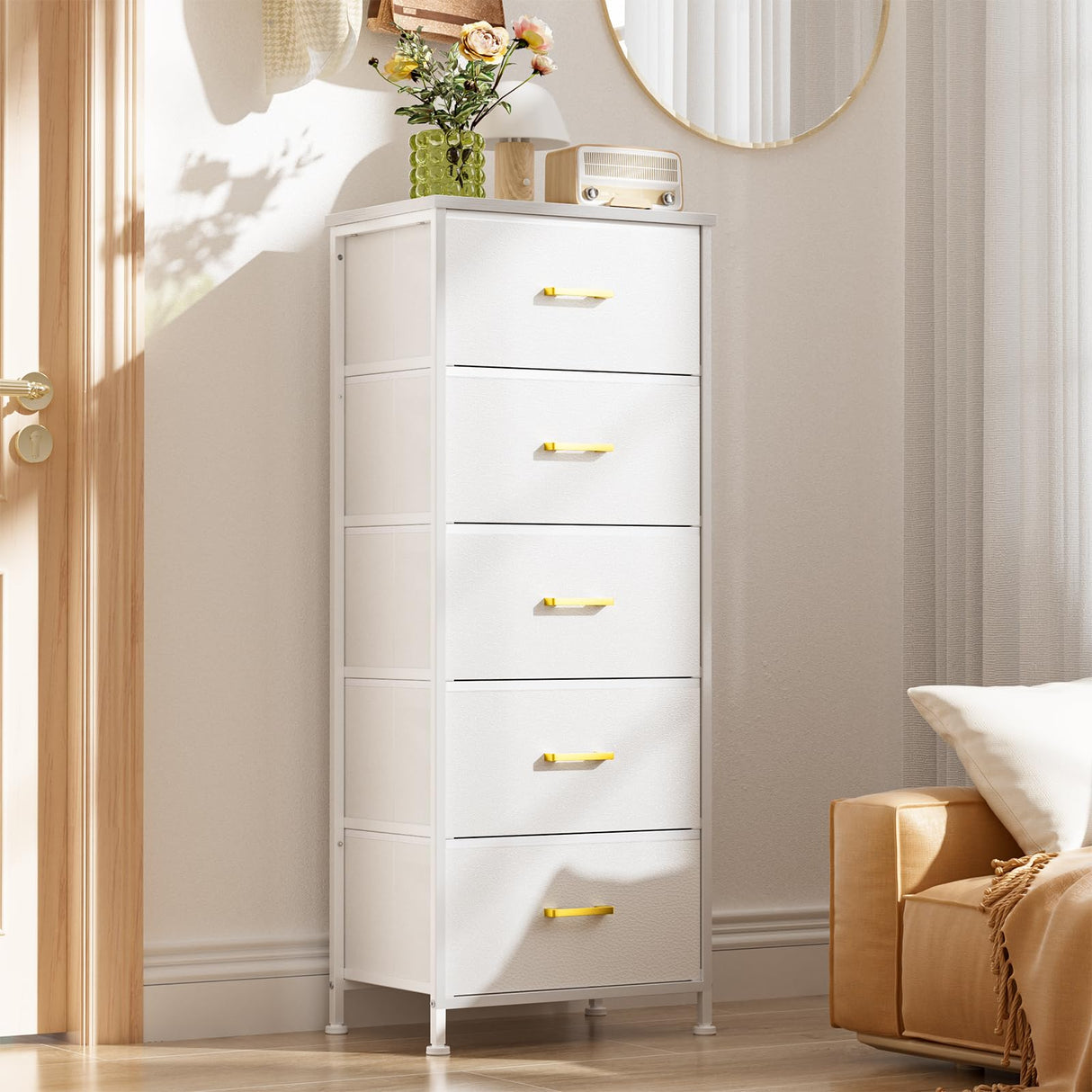 YIPPPPE White Tall Dresser for Bedroom, Vertical Storage Tower Unit with 5 Fabric Drawers, Nightstand Dresser Organizer, White Chest of Drawers for Closet, White