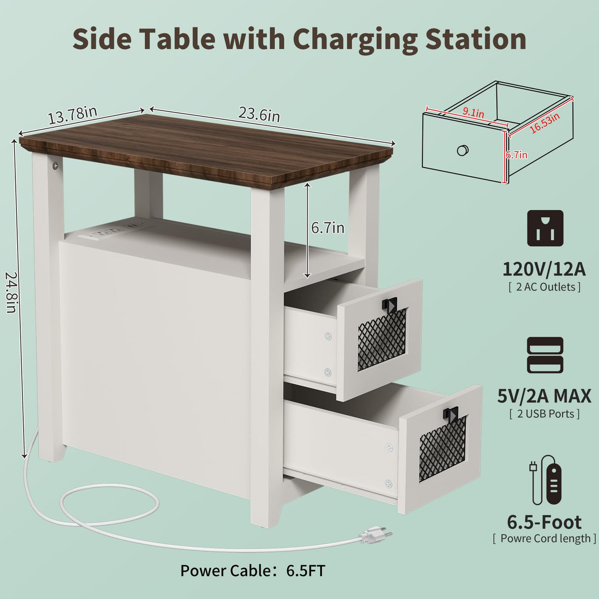 Farmhouse XXL End Table with Charging Station, Narrow Side Table