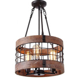 Round Wooden Chandelier Metal Pendant Three Lights Decorative Lighting Fixture Retro