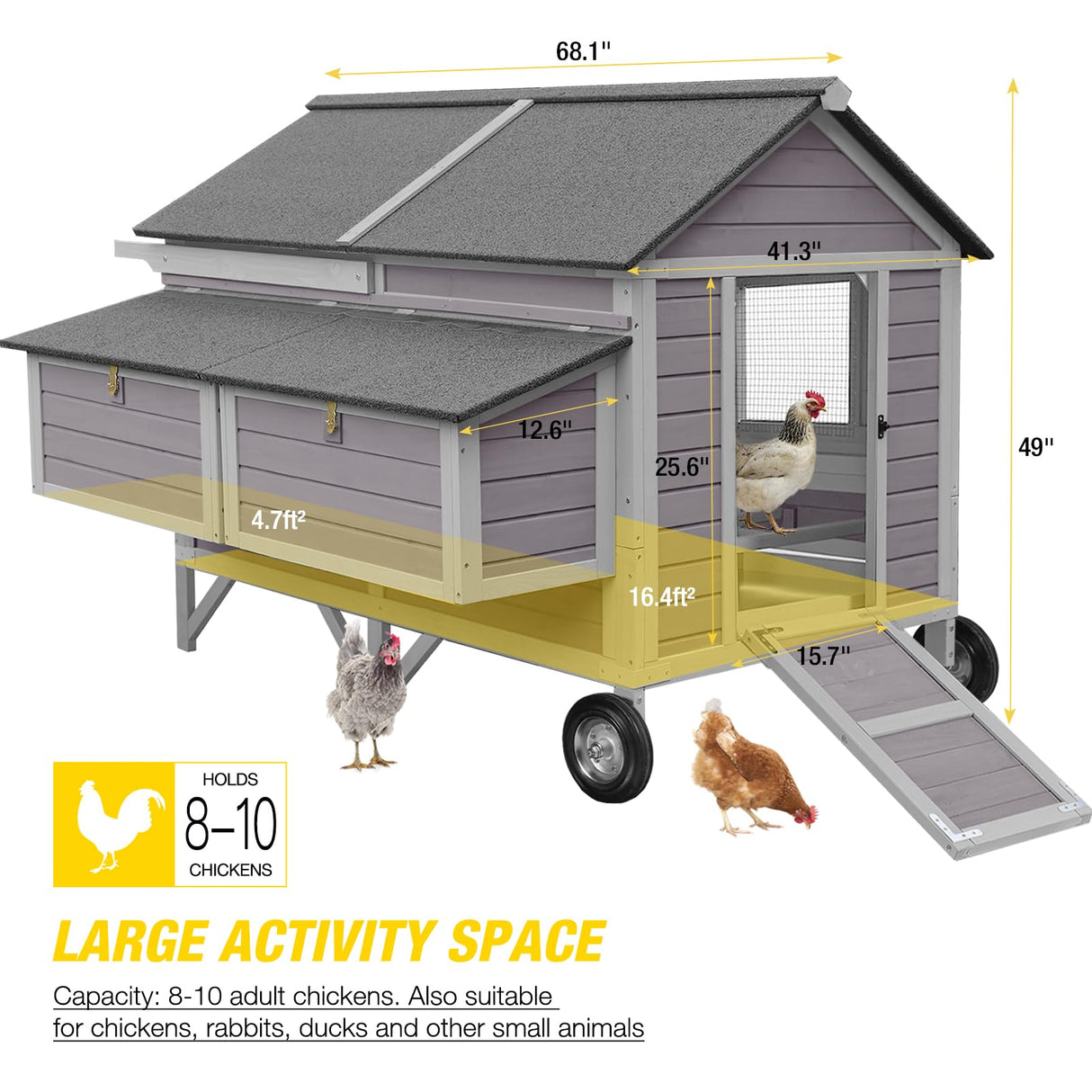 Chicken Coop Mobile Wooden Hen House with Nesting Box,Large Poultry Cage