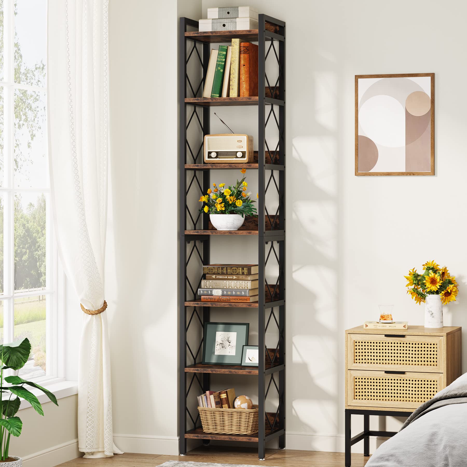 78.7 Inch Extra Tall Narrow Bookshelf, 7 Tier Skinny Bookcase for Small Spaces