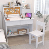 Drawing Desk with Wooden Tabletop Paper Roll Dispenser,White Kids Desk and Chair Set for 5-12 Year Old, Kids Study Table with Drawers and Storage Shelf-4p10