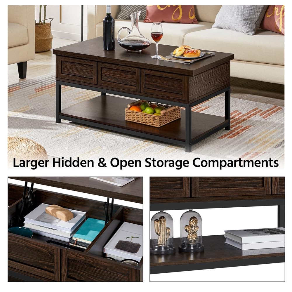 Lift Top Coffee Table with Hidden Compartments & Bottom Open Shelf