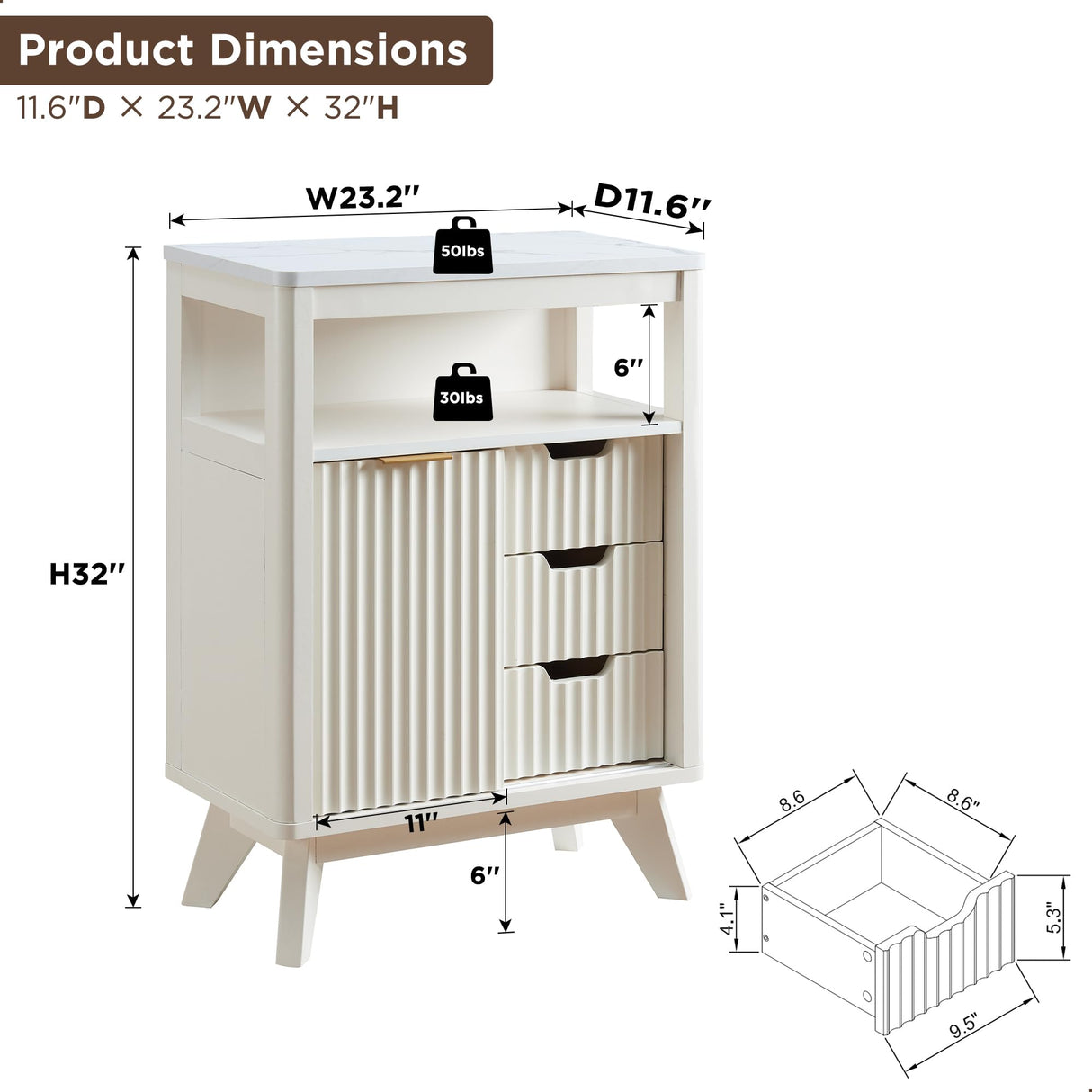 Bathroom Floor Cabinet with Sliding Door, Modern Fluted 3 Drawers Storage Organizer w/Adjustable Shelf and Faux Marble Top,