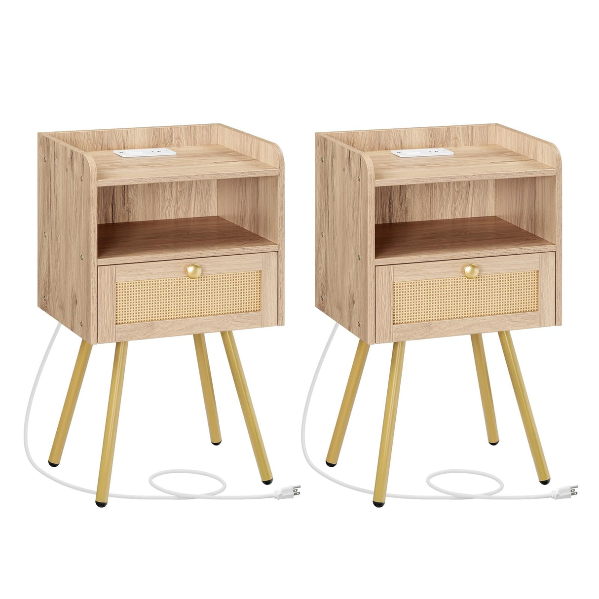 Nightstand with Charging Station, Set of 2, Side Table with Rattan-Like Decor