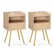 Nightstand with Charging Station, Set of 2, Side Table with Rattan-Like Decor