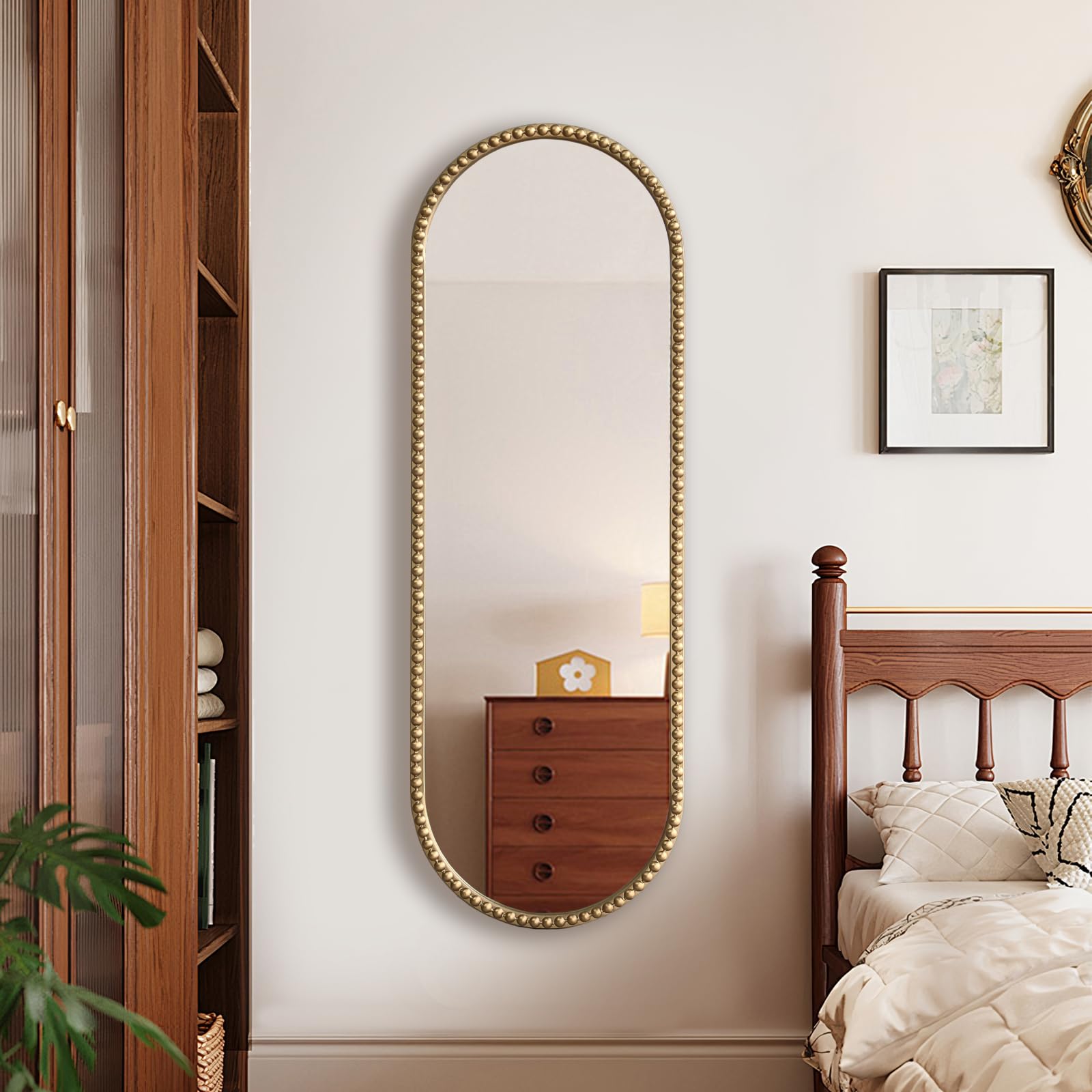 Antique Gold Oval Full Length Mirror - Baroque Beaded Wall Mirror 47"x16"