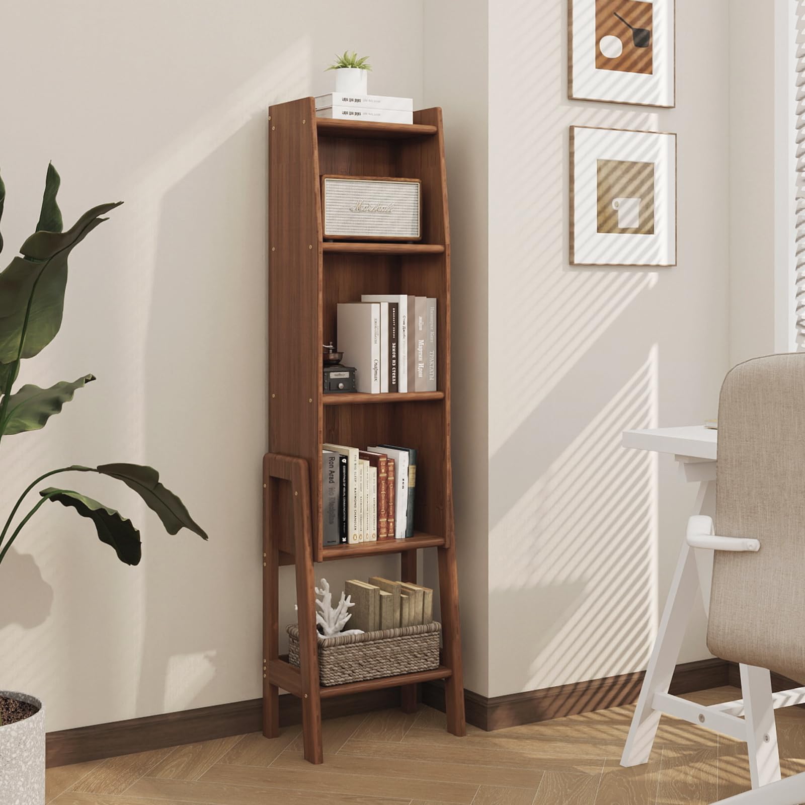 5-Tier Narrow Spine Bookcase,Small Bookcase with Storage Cabinet Modern