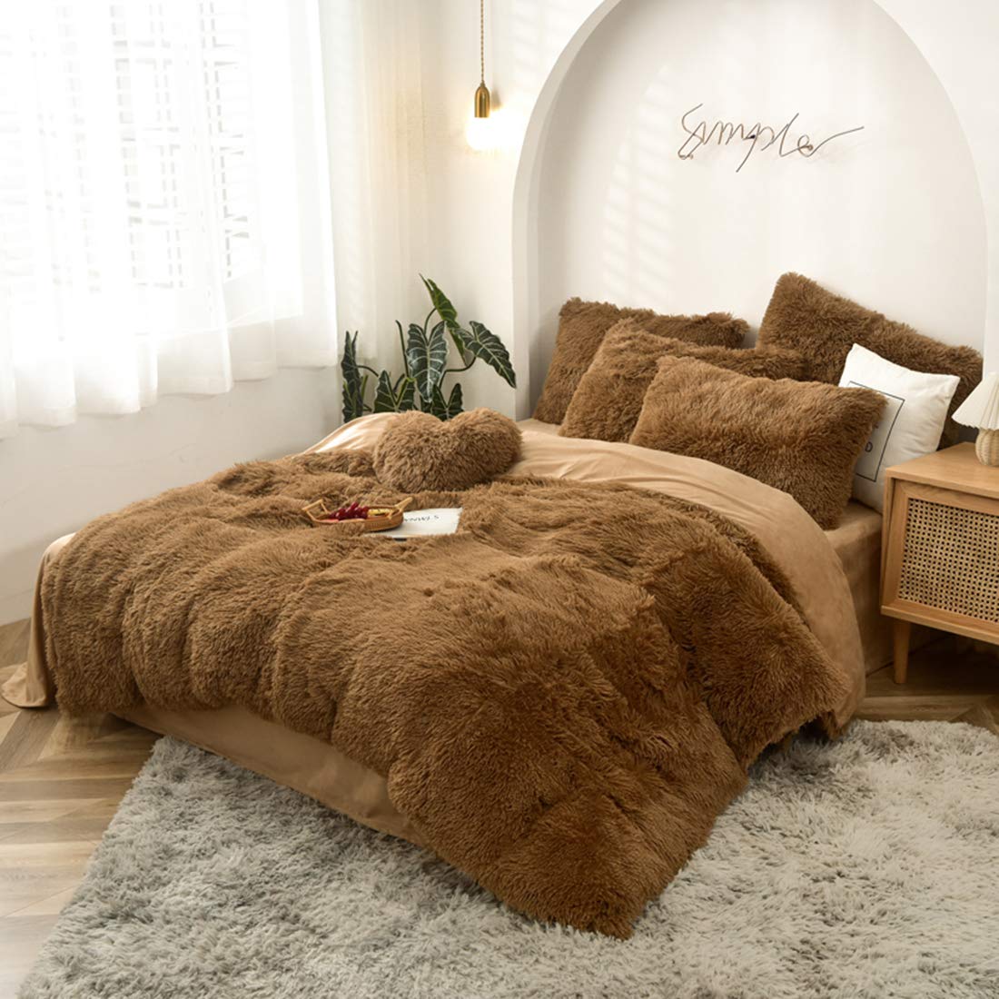 5 PCS Shaggy Duvet Cover Bedding Set - Fluffy Comforter Cover Long Faux Fur Luxury