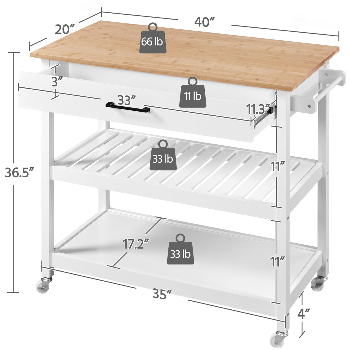 Kitchen Island Cart on Wheels, 3 Tiers Rolling Utility Cart with Solid Wood