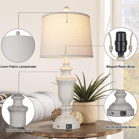 26" Farmhouse Table Lamps Set of 2, Bedside Lamps with USB C+A Ports,