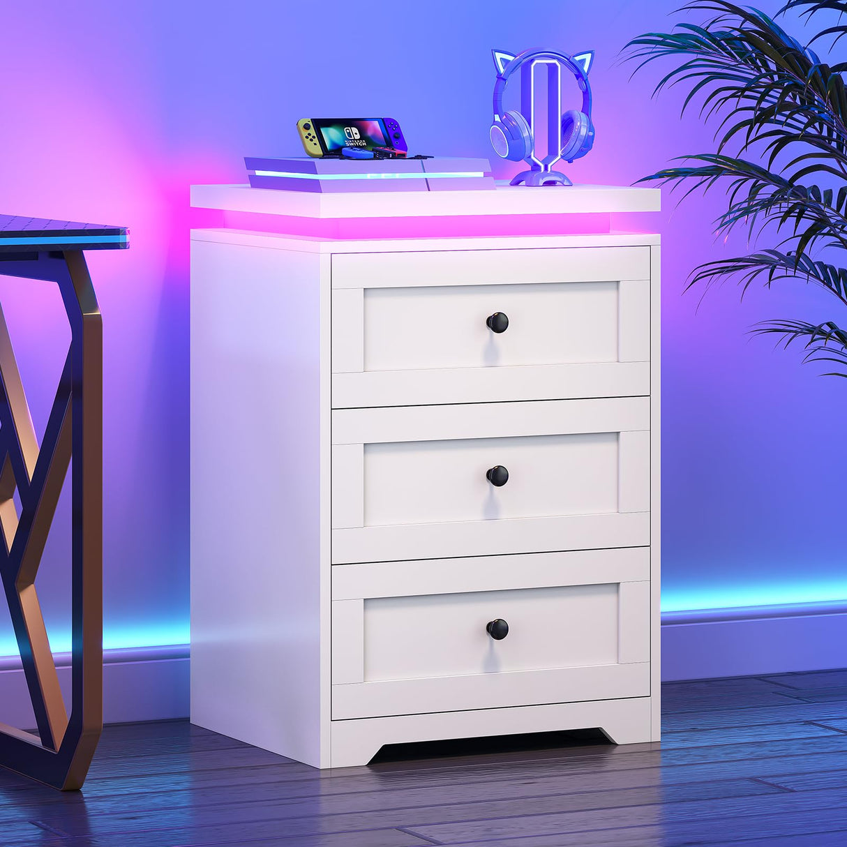 VIAGDO White Night Stand Set 2 with Charging Station, Nightstand Set of 2 with 3 Storage Drawers, Modern LED Nightstands with Lights, Large Bedside Tables with USB Ports and Outlets for Bedroom, Dorm