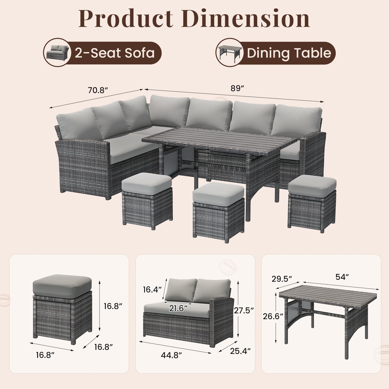 U-MAX 7 Pieces Patio Furniture Set, Outdoor Sectional Sofa Conversation Set, All Weather Wicker Rattan Dining Table & Chair with Ottoman, Grey Rattan&Grey Cushion
