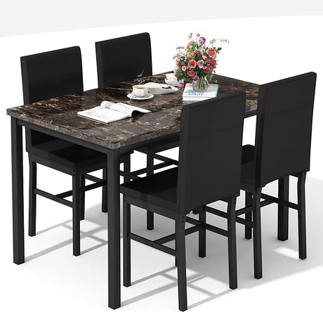 Dining Table Set for 4, Faux Marble Kitchen Table Chairs Set of 4 PU Leather Chairs